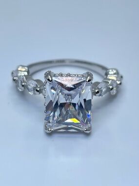 Radiant Cut Diamond White CZ Bridal Ring Silver Round Accents Size 6